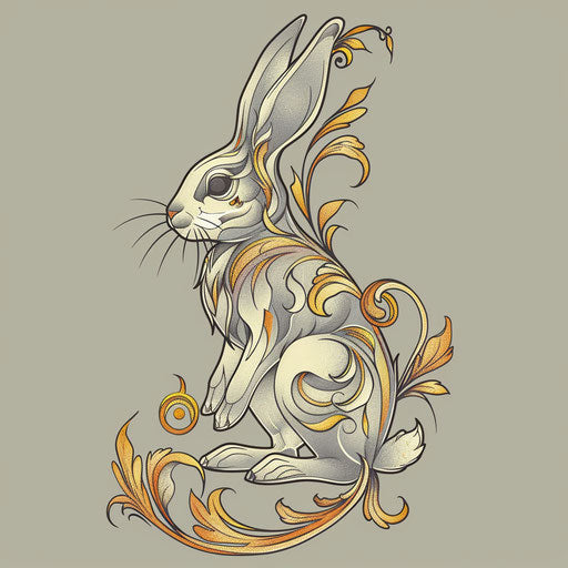 Elegant flat tattoo sketch of bunny with art nouveau swirls in silver and gold tones
