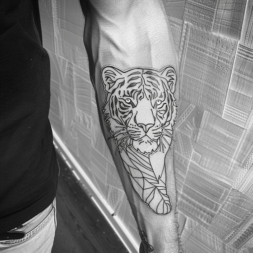 Outline tattoo of a tiger, in the style of Guy Aitchison