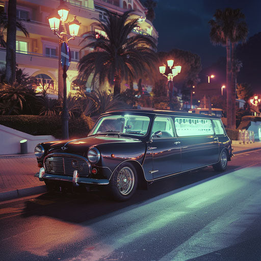 Luxurious Mini Cooper limousine cruising through Monaco at night