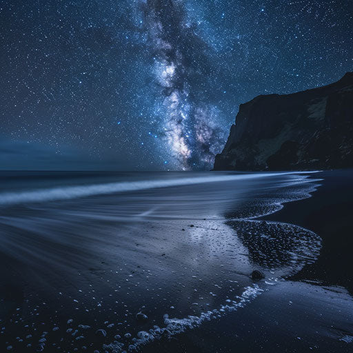 Black sand beach at night with stars on water