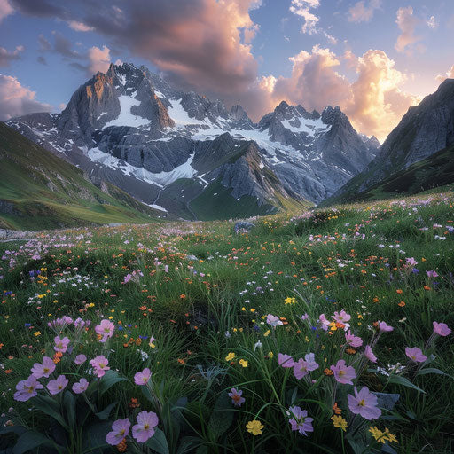 The Alps with wildflowers in the foreground, in the style of Erez Marom