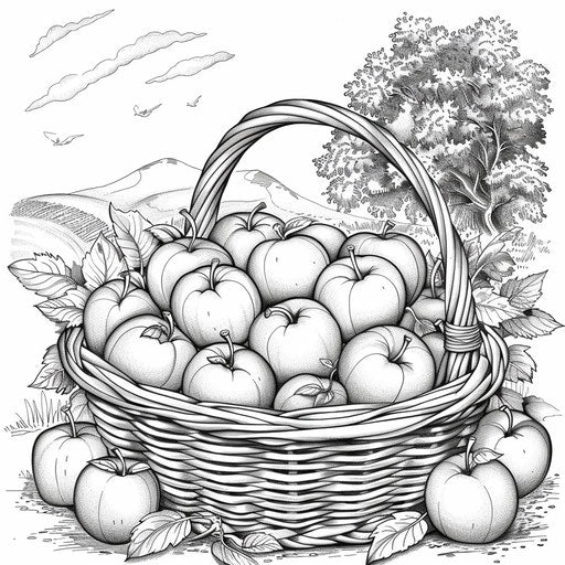 Basket of apples with rustic background. Coloring book page