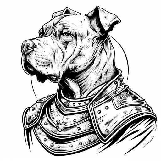 Historic tattoo design of dog in medieval armor