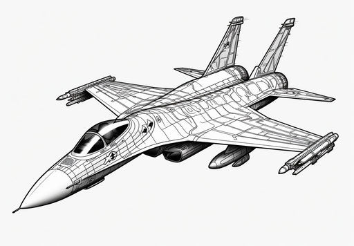 Coloring page of a plane, hard surface modeling style