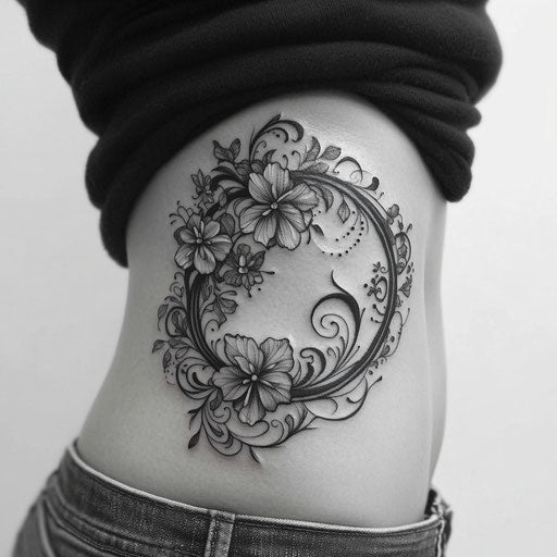 Rib tattoos women: elegant floral design with butterflies Humberto Ramos style