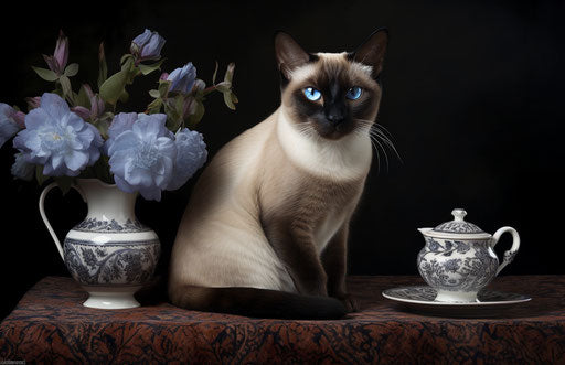 Siamese cat with blue eyes on table, dark white style