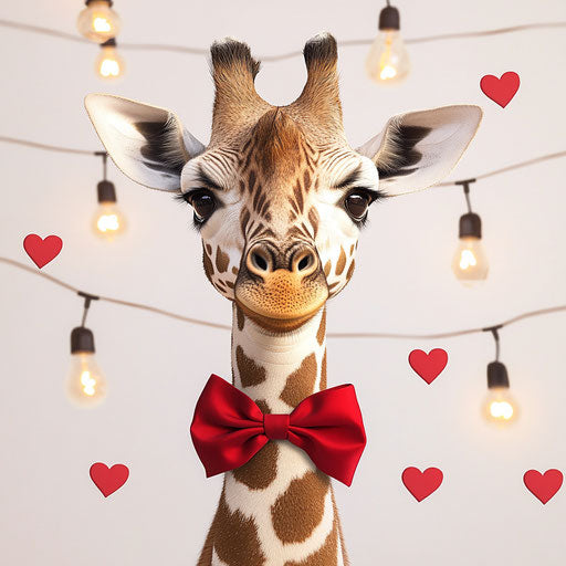 Valentine-themed giraffe with bow tie and light bulbs