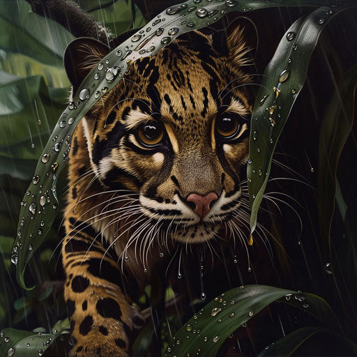 Bornean clouded leopard in gentle rain in lush jungle