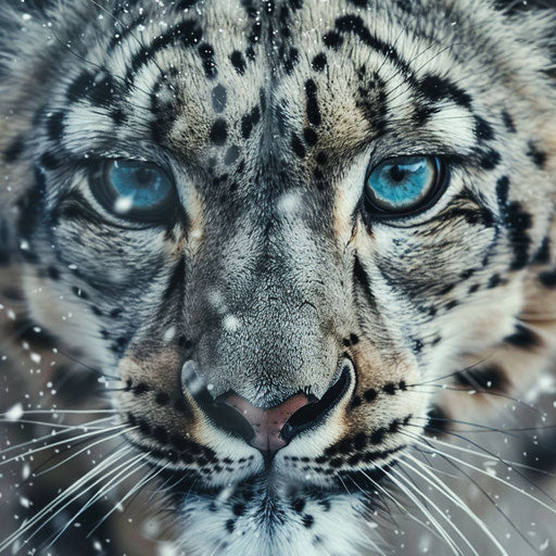 Close-up of a snow leopard's face amidst a snowstorm