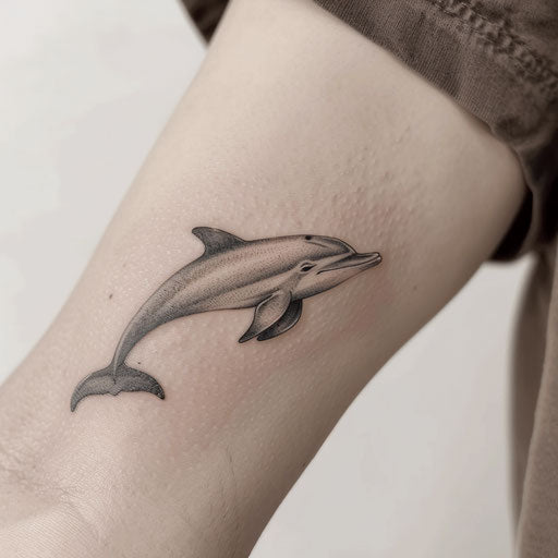 Black and grey dolphin tattoo with realistic shading