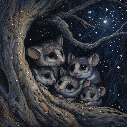 Family of mountain possums under a starry sky