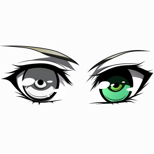 Two anime eyes, green and gray, one larger than the other