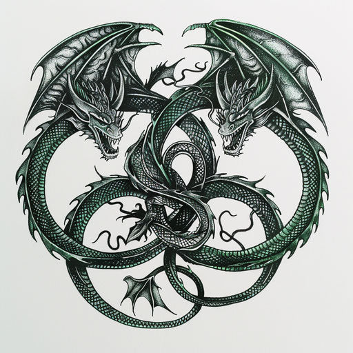 Celtic knotwork dragons tattoo design in black and green
