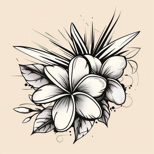 Flat tattoo sketch of plumeria with edgy black outlines