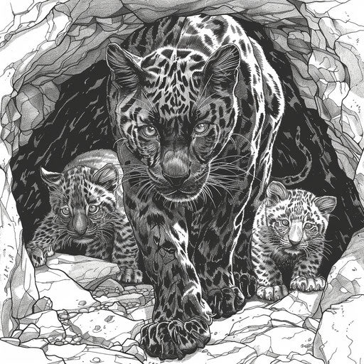 Detailed illustration of a black panther and her cubs in a cave