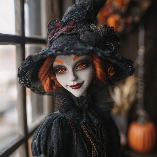 Smiling witch doll with Halloween decorations