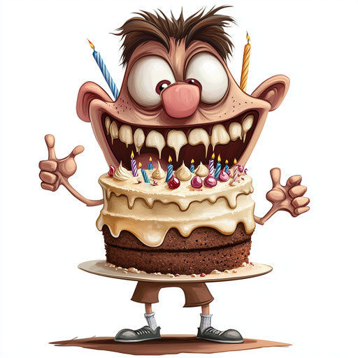 Humorous caricature of a birthday cake caricature