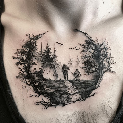 Epic mythological journey tattoo on collarbone