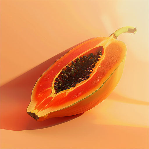 Papaya clipart in photo realistic style with a flat random background, ethereal glow and soft edges