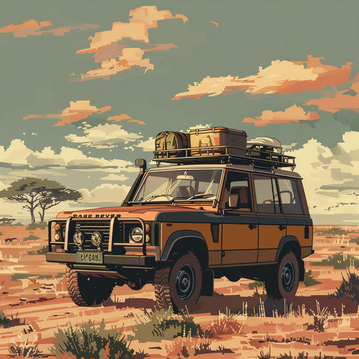 Vintage Range Rover outfitted for safari in the savannah