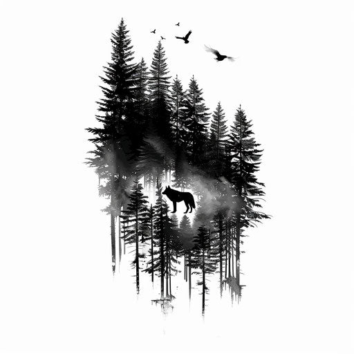 Forest tattoo with wolf silhouette, pure white background