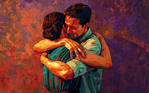 Man hugging a woman, personal iconography style