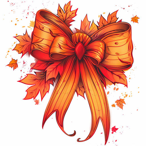 Seasonal clipart tattoo sketch of a bow with autumn leaves pattern in orange and red
