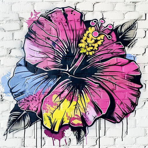 Graffiti hibiscus tattoo art on white brick wall