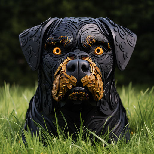 The rottweiler sitting on grass in a grassy yard