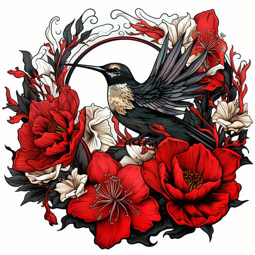 Peonies and black bird: black and white illustration