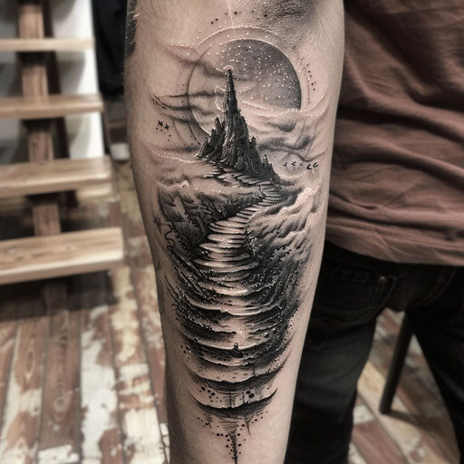 Dark, surreal landscape symbolizing overcoming adversity, David Palumbo style