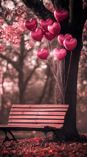 Valentine's Day scene: bench under a tree, heart-shaped balloons in pink and red. Canon EOS style photo 29:52