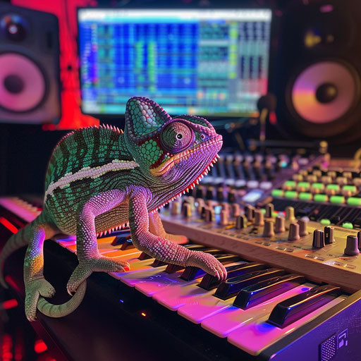 Chameleon in music studio, colors shifting with genres