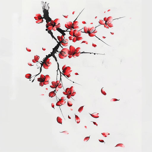 Dynamic flat tattoo sketch of sakura petals falling in a gentle breeze