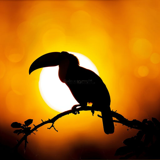 Toucan silhouette against golden sunset, Simen Johan style