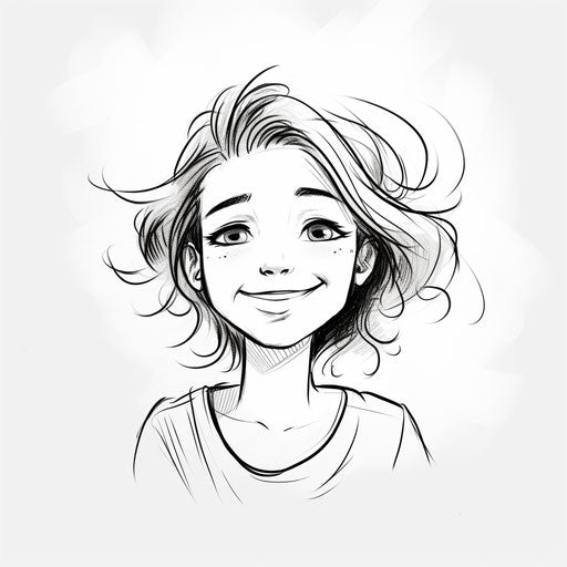 Girl with a smiling smile in simplified line work style