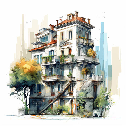 Apartment clipart in the style of Oil painting, on a white background