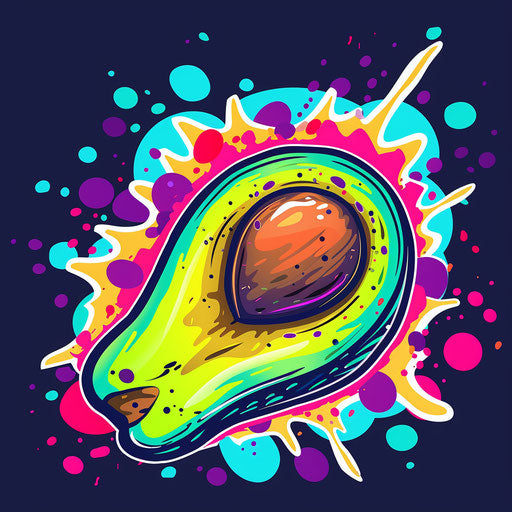 Dynamic flat tattoo sketch of an avocado with neon explosion pattern