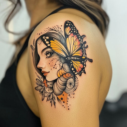 daughter tattoos with a butterfly emerging from a cocoon on the shoulder in the style of Ed Hardy