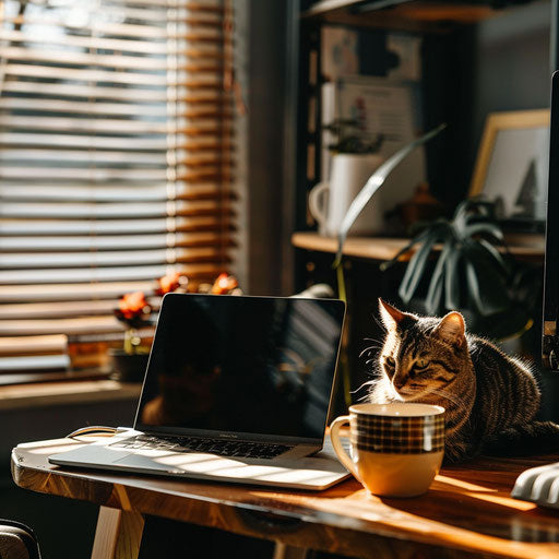 Comfortable home office setup with a laptop, coffee mug, and cat on the desk