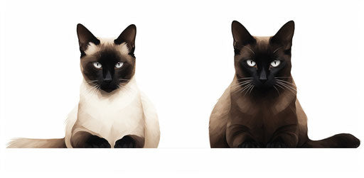 Two Siamese cats on white background, dark and light tones