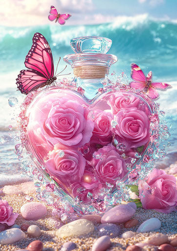 3D diamond painting, heart-shaped glass bottle with pink roses and butterflies on a beach background