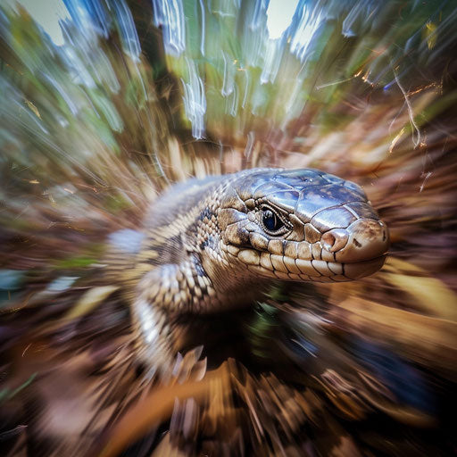 Blue tongue skink in dynamic motion on the forest floor