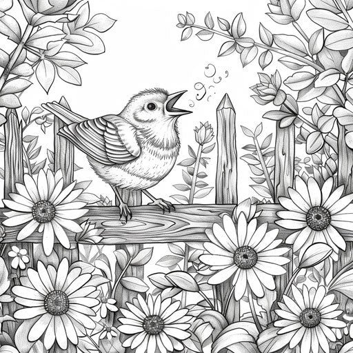 Bird singing on a fence with flowers