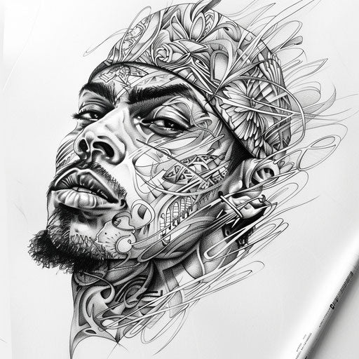 Sketch of a Chicano art Cholo tattoo with bandana, sharp and expressive