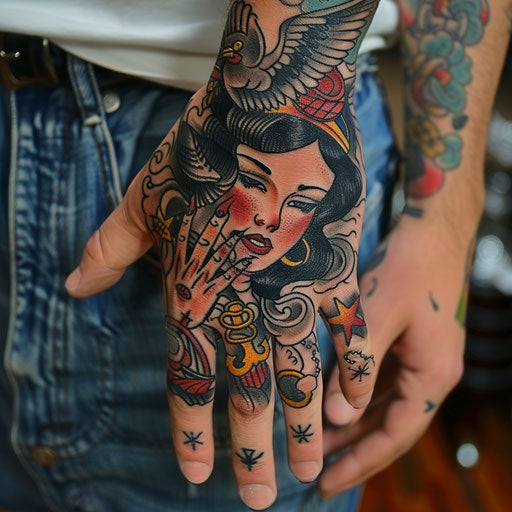 Men's hand tattoo with classic pin-up girls and anchors