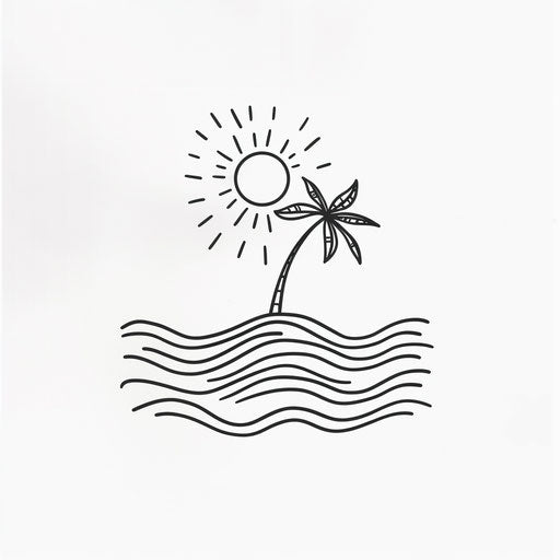 Minimalist beach tattoo with horizon, sun, waves, palm tree on white