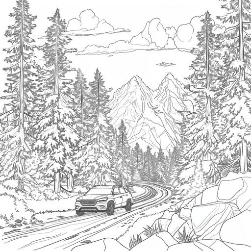 Car driving through mountain landscape, tall trees
