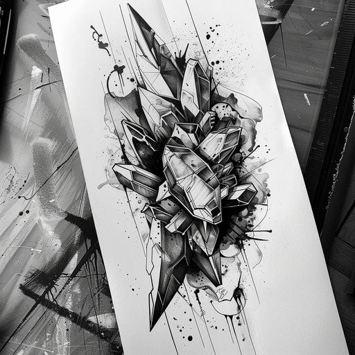 Bold and dark flat tattoo sketch with obsidian shards emerging from the skin