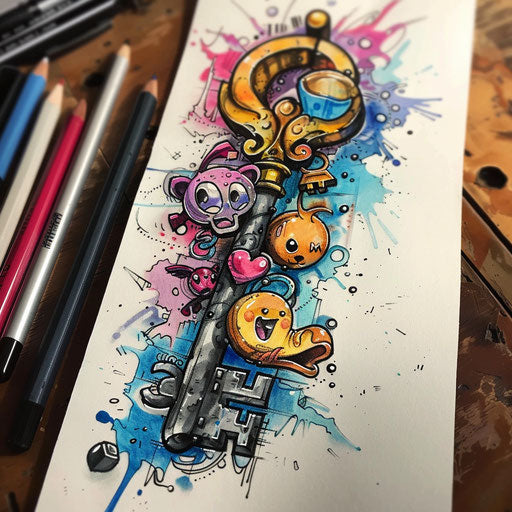 Whimsical sketch of a key with cartoon animal charms, in bright colors